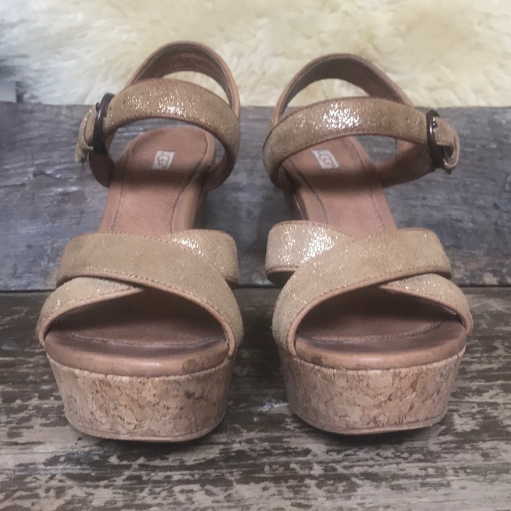 UGG Gold & Tan Leather Cork Wedge Sandal 6.5 - Picture 2 of 6